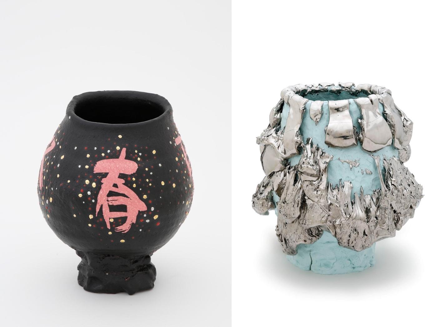 Dettaglio di vaso ceramico di Takuro Kuwata con crepe e smalti colati