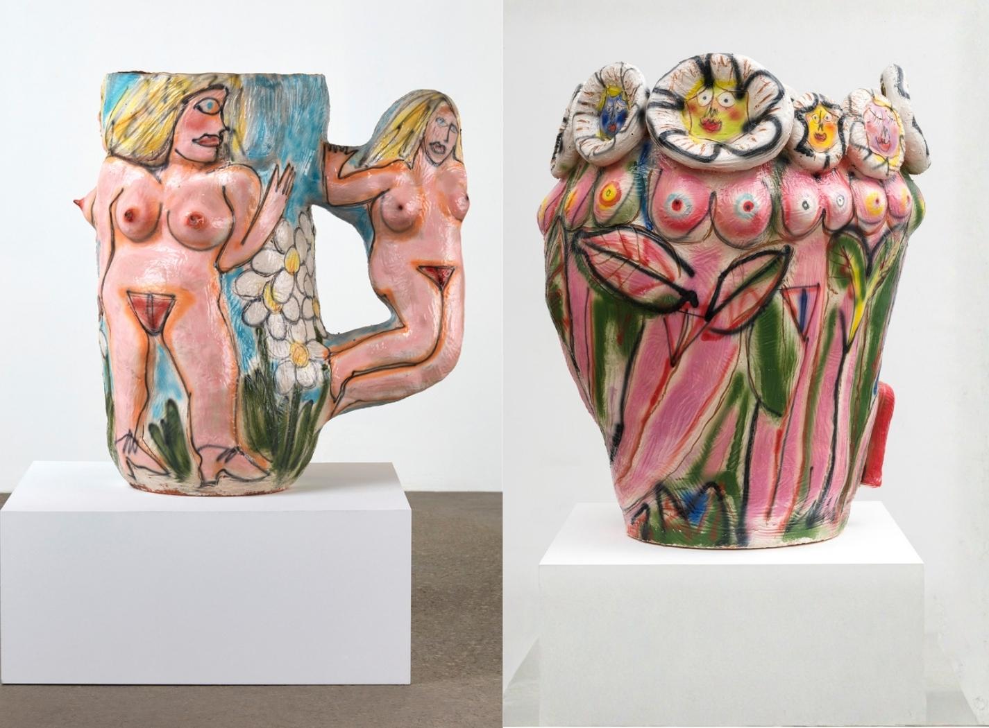 Sculture ceramiche figurative di Rubi Nery con corpi femminili stilizzati e superfici pittoriche