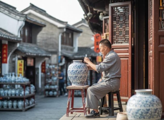 Ceramista dipinge a mano un grande vaso di porcellana in una strada di Jingdezhen