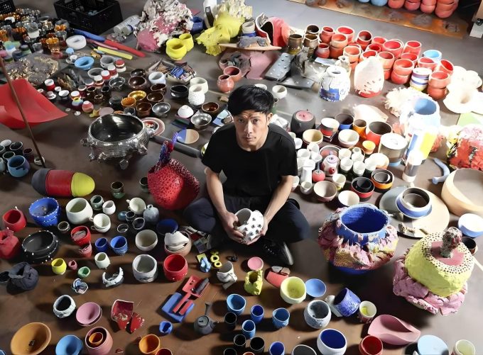 Takuro Kuwata nel suo studio circondato da opere ceramiche